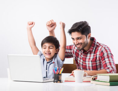 Indian,Kid,Studying,Online,,Attending,School,Via,E-learning,With,Father